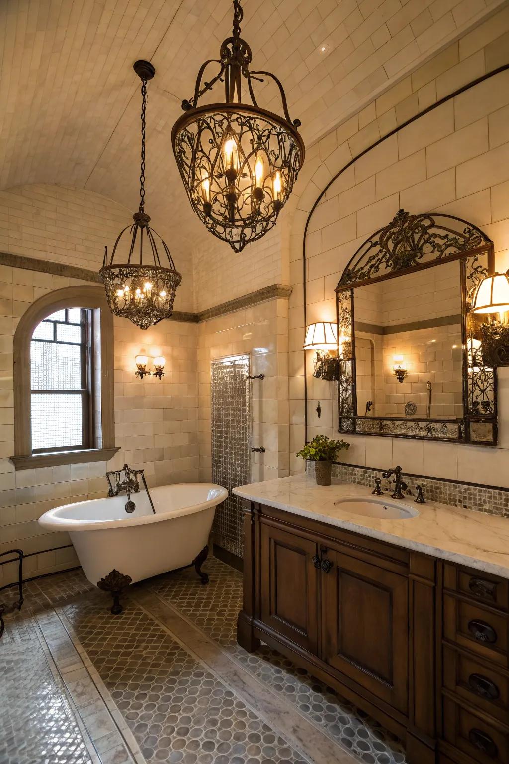 Vintage illumination components enhance the old-world ambiance.