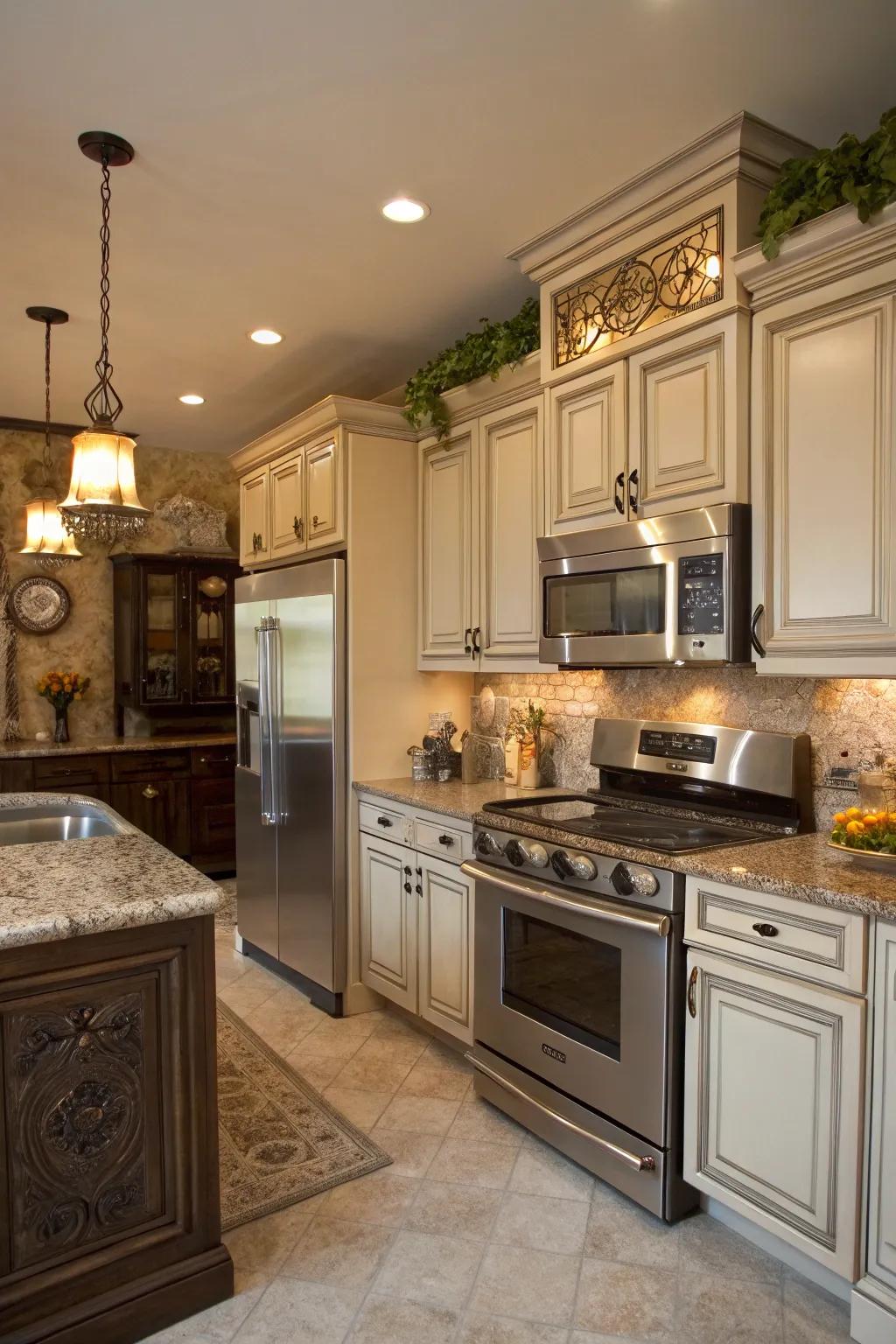 A blend of modern appliances and traditional components fashions harmony.