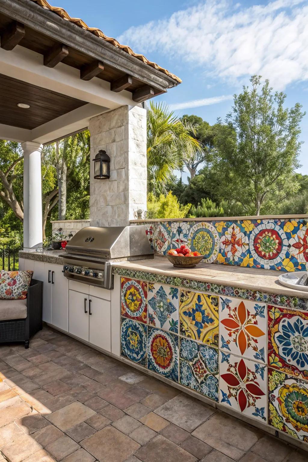A vibrant Spanish mosaic backsplash serves as a focal point in this outdoor cooking area.