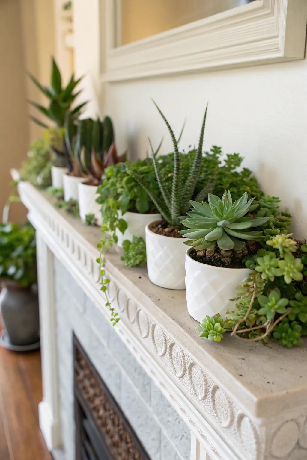 A mini garden introduces a lively and verdant aspect to your mantel.