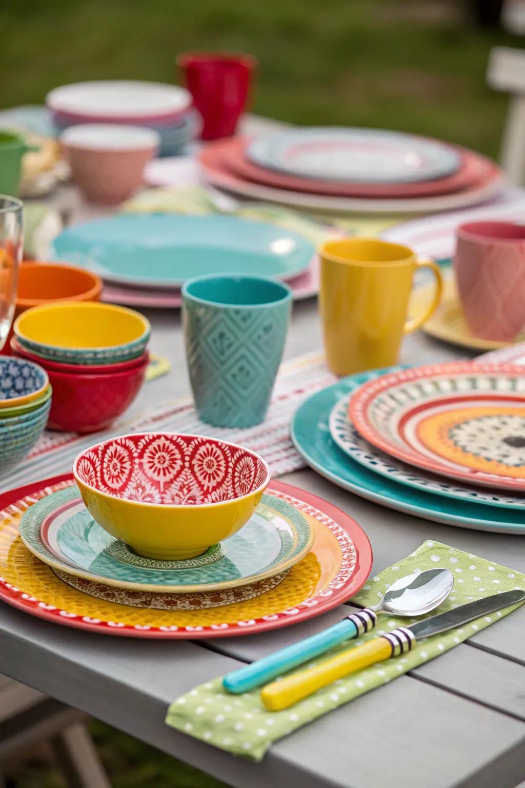 Mixing tableware styles creates interest and personalization.