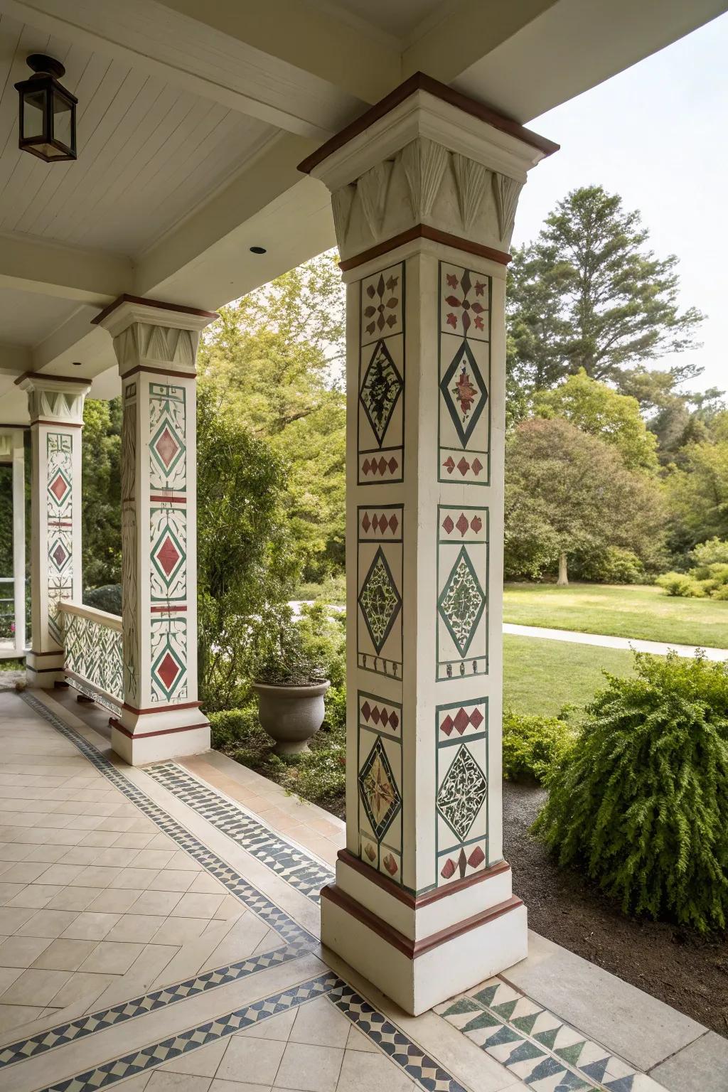 Geometric shapes on square columns add modern artistic flair.
