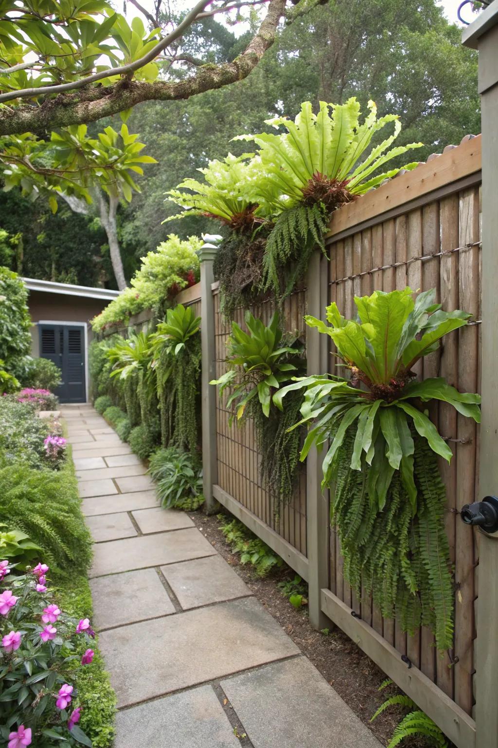 A cultivation enclosure transforms into a vibrant living wall showcasing staghorn ferns.