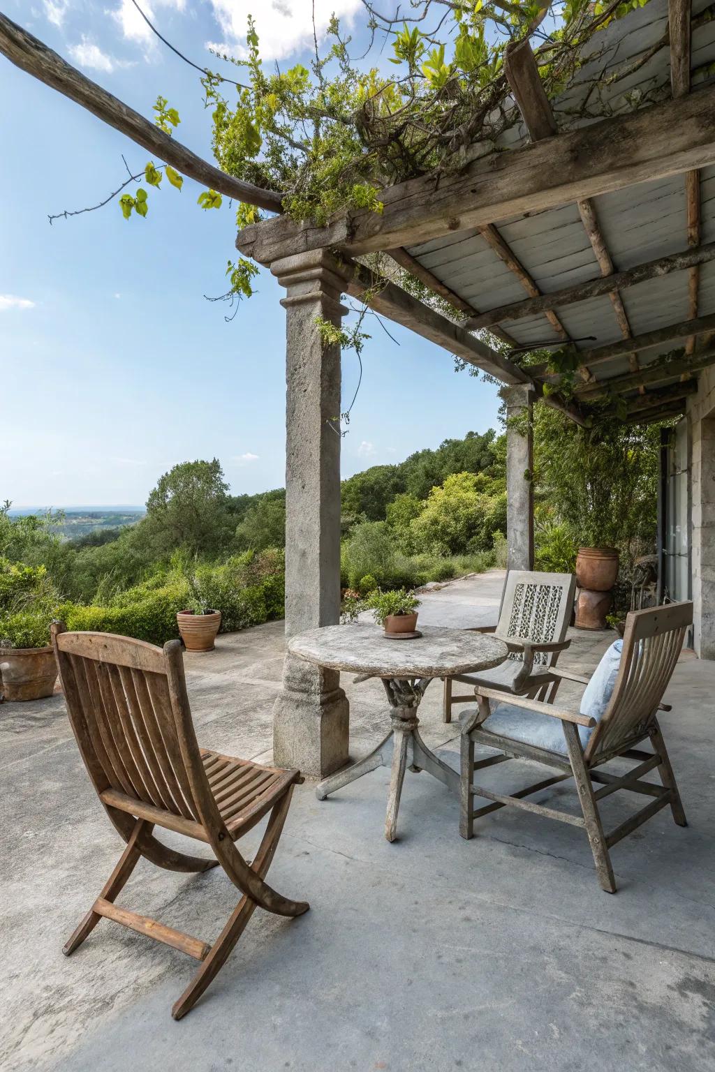 A rustic patio with aged stone concrete tints.