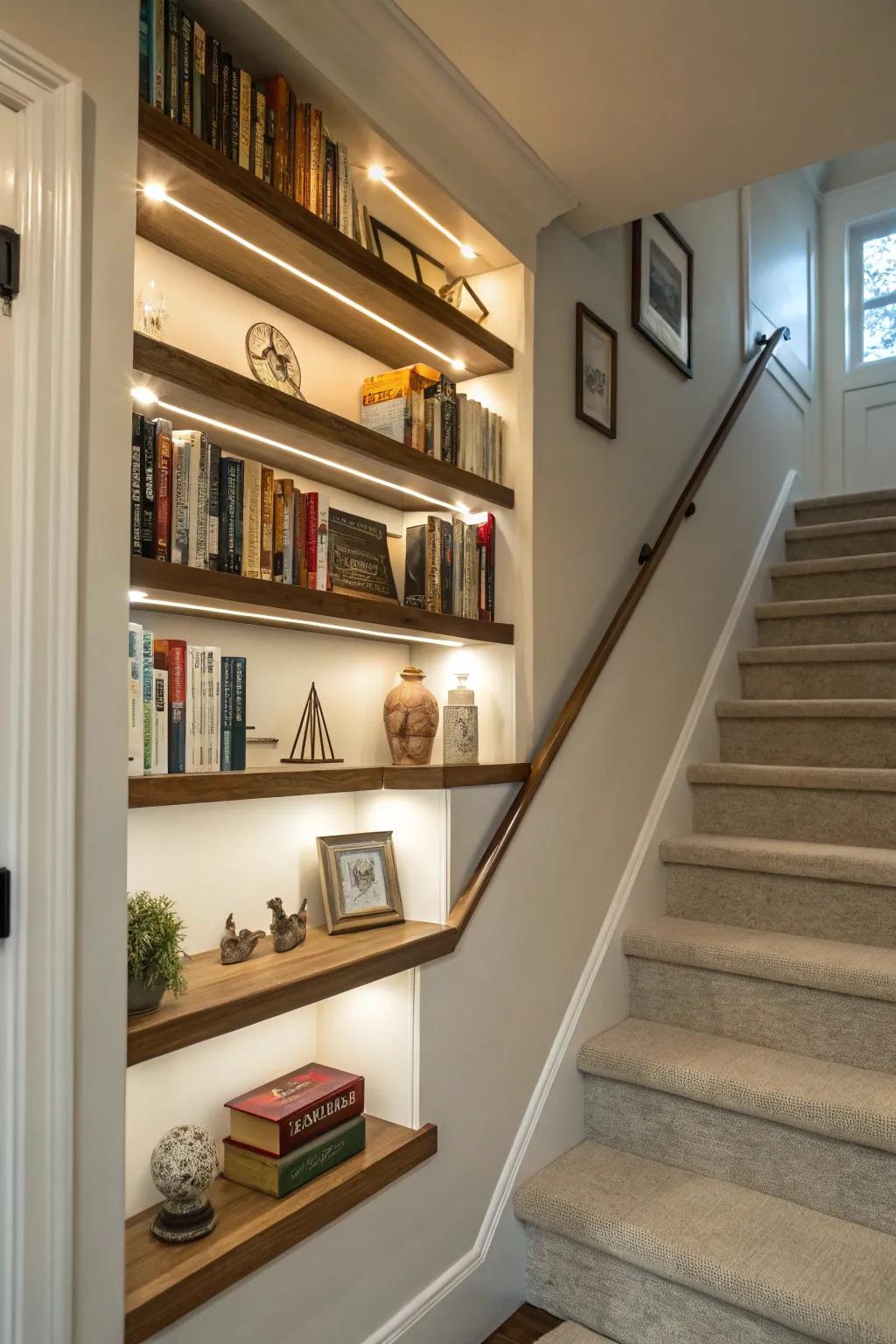 Elevated surfaces in your stair area offer chic display options.