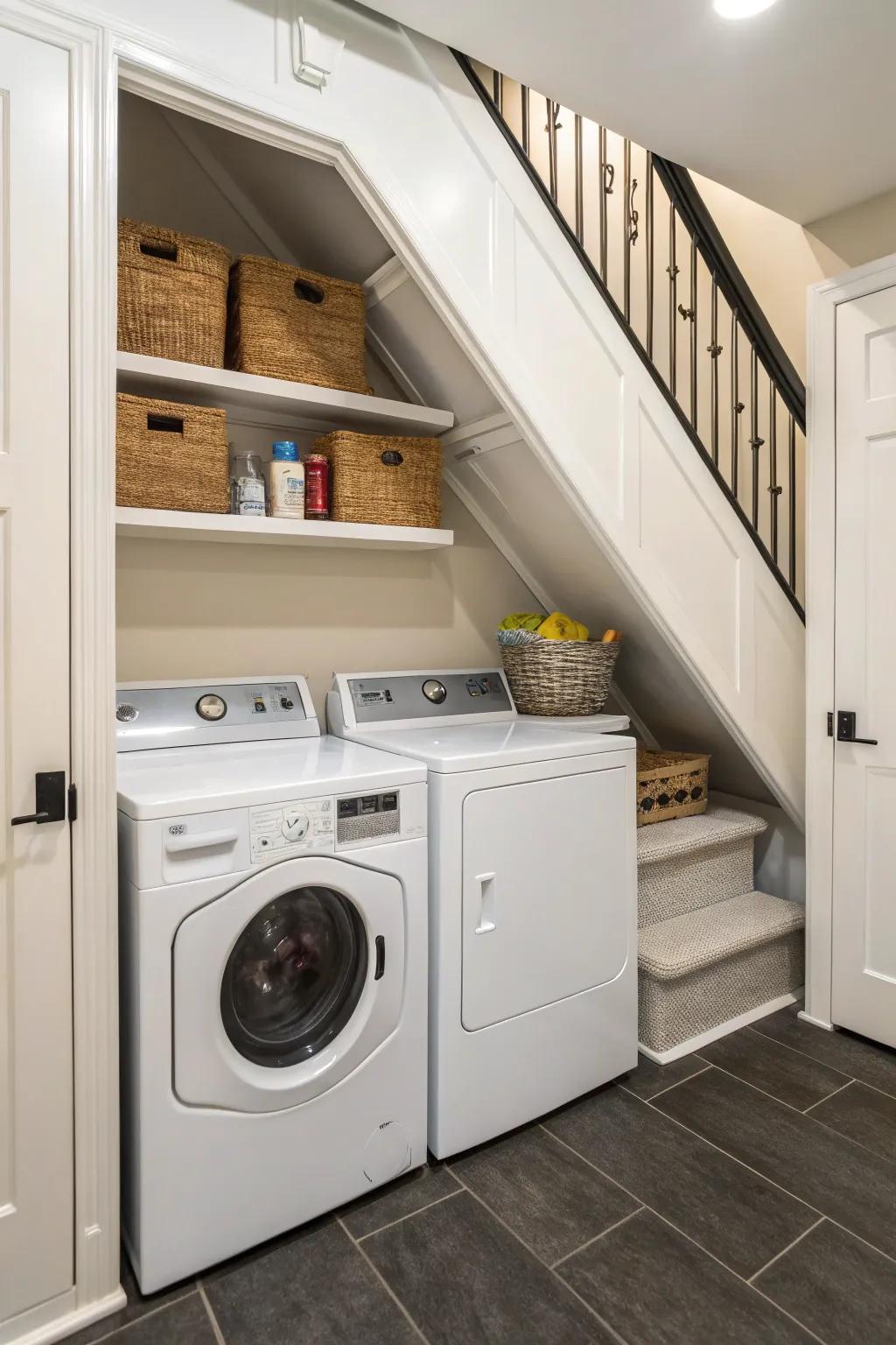 Streamline your chores with a compact laundry area under the stairs.