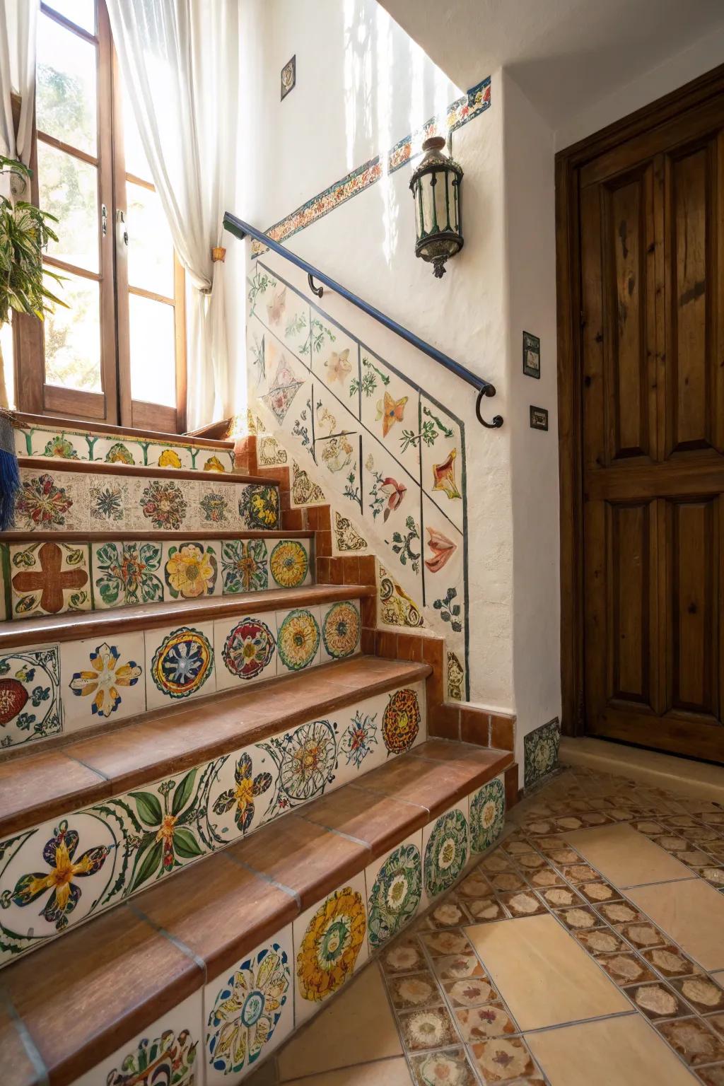 Tiles introduce a burst of color and a hint of the Mediterranean to staircase walls.
