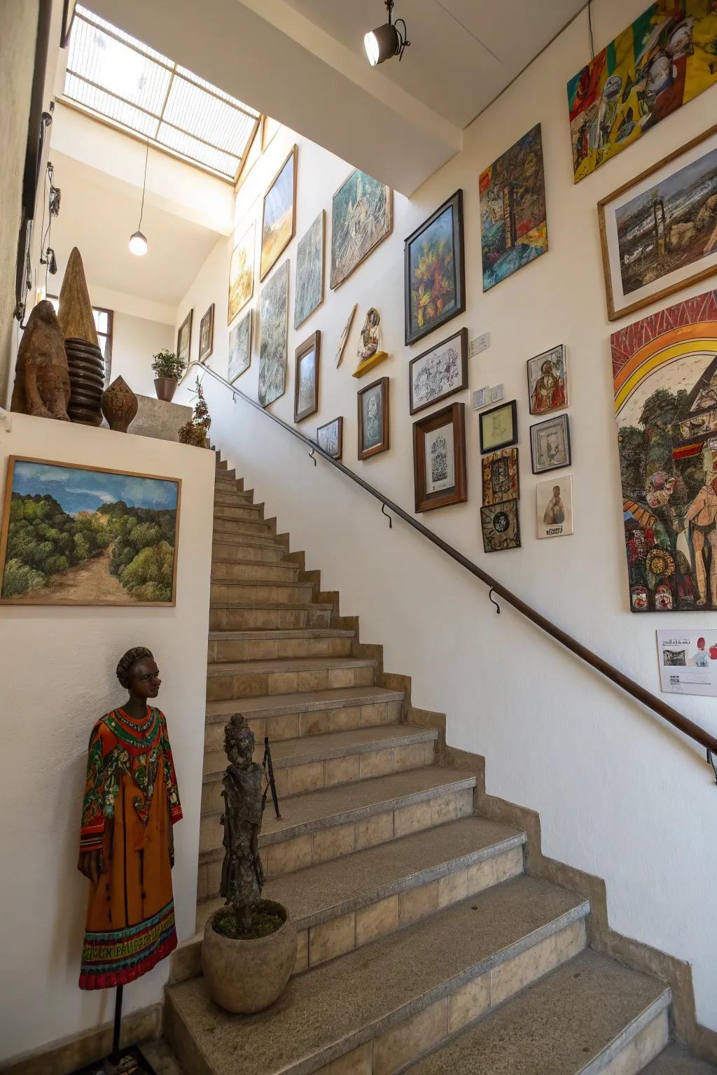 A cultural theme personalizes the staircase display wall.