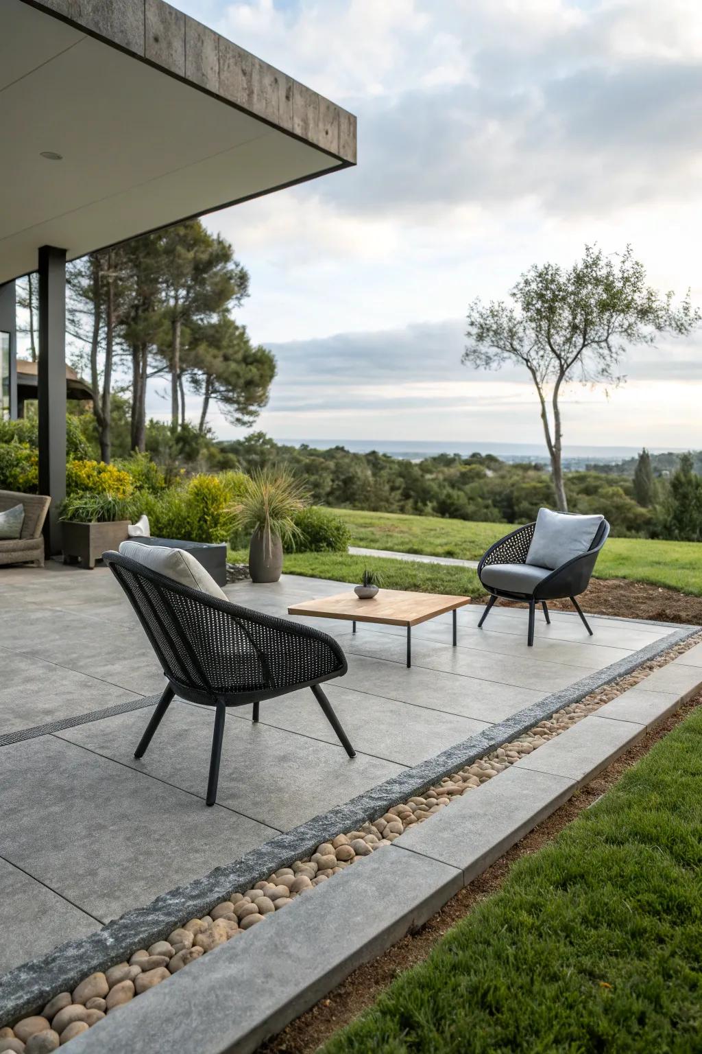 Contemporary outdoor space featuring minimalist stamped concrete border