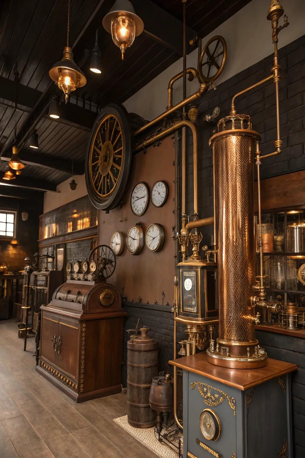 Copper and brass highlights enhance the luxurious feel of this steampunk space.