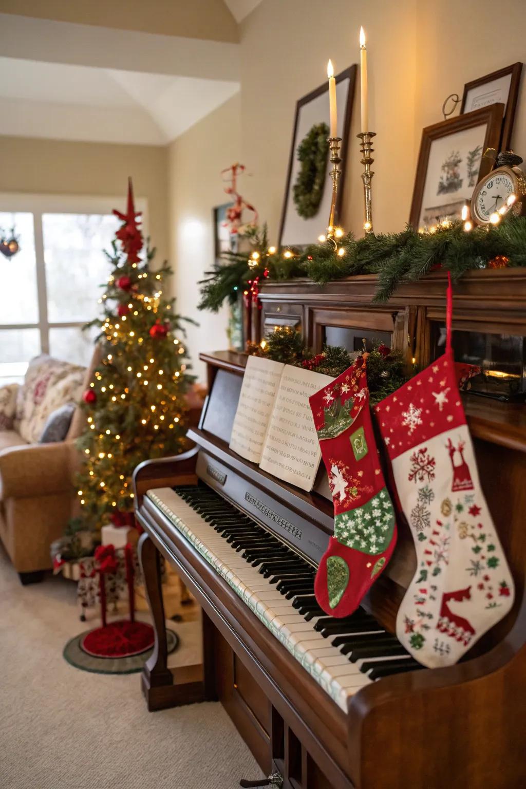 An upright piano presents a harmonious stocking presentation.
