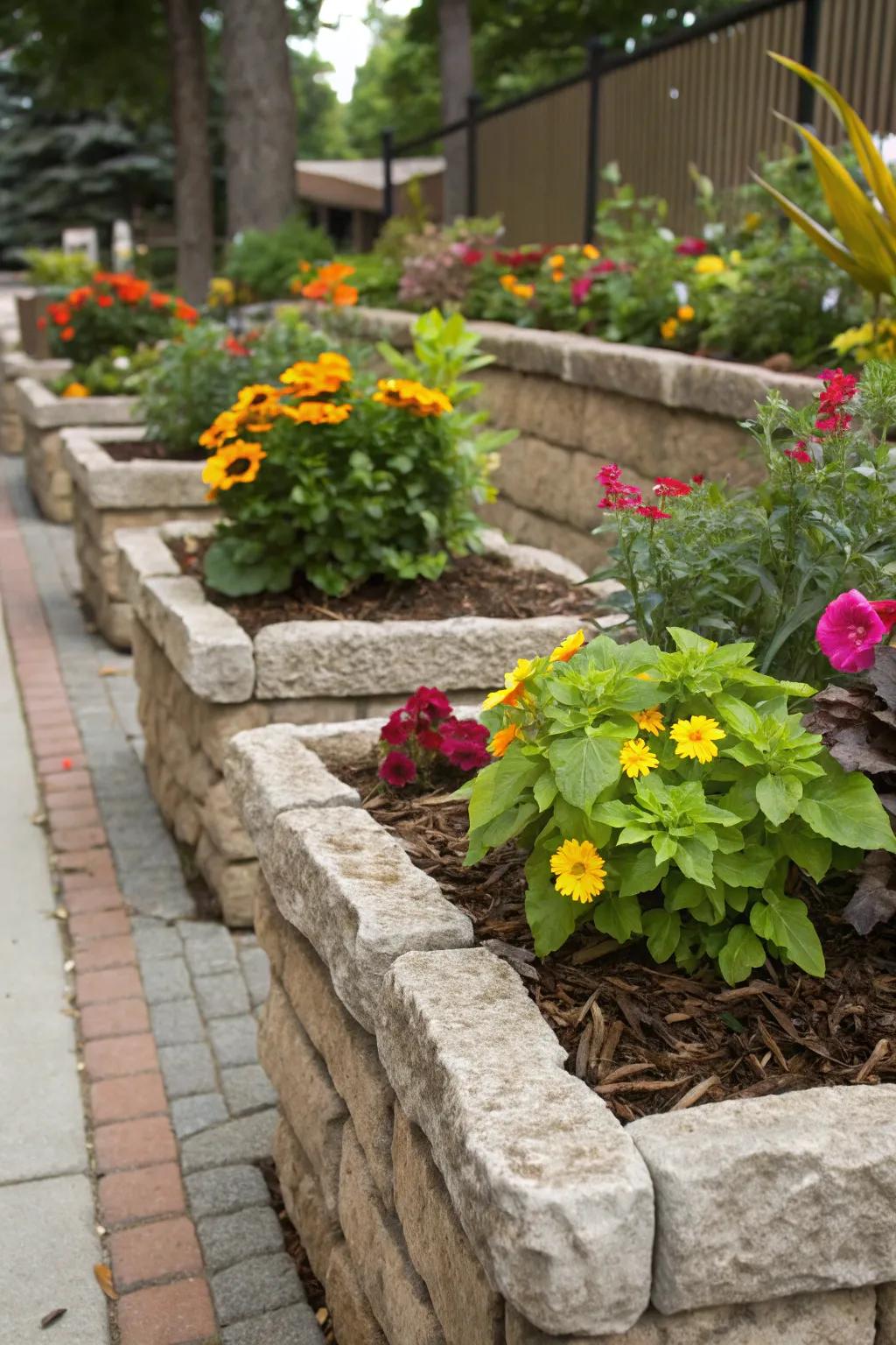 Incorporate dimension and appeal through raised stone containers.