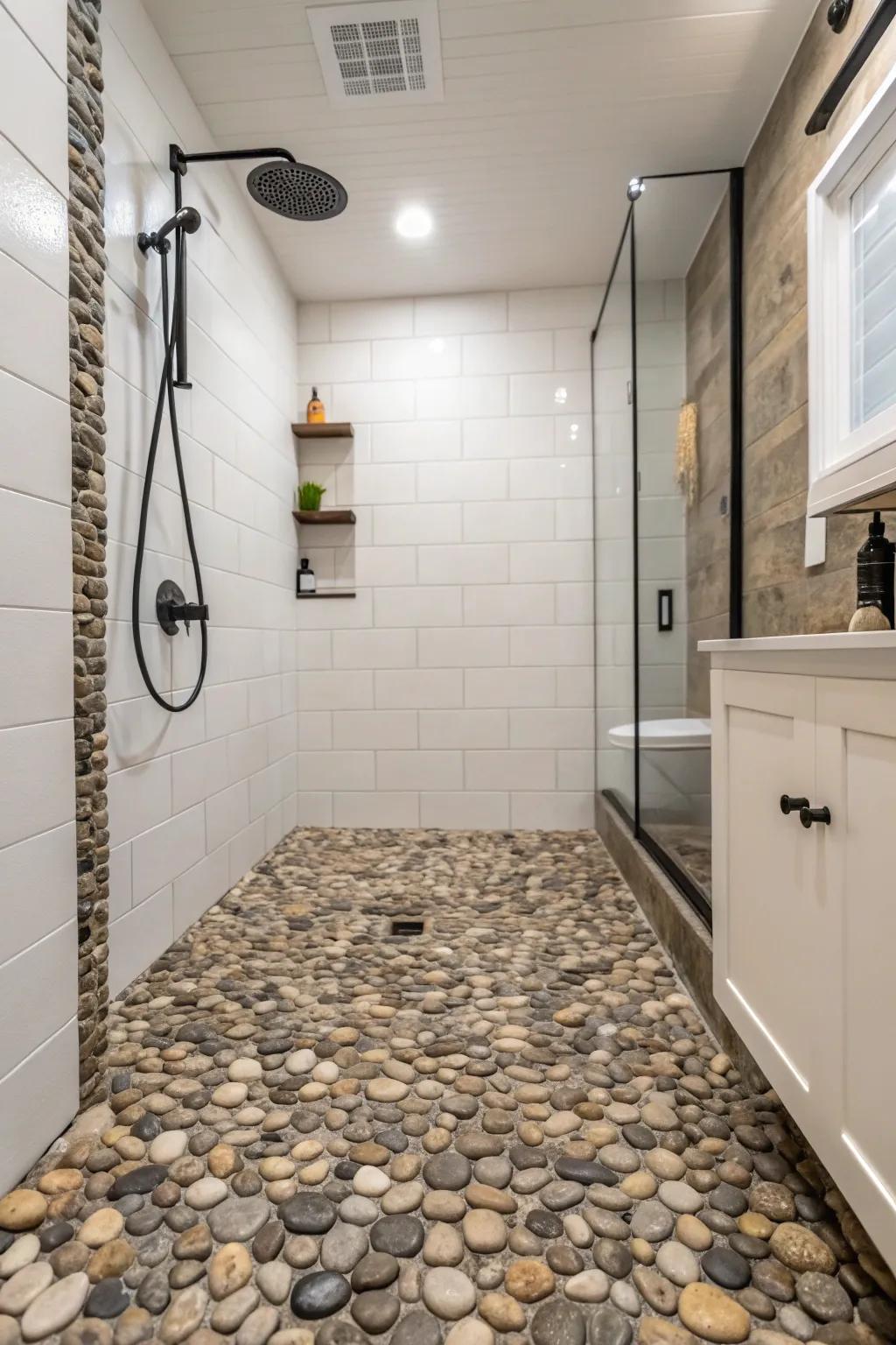 A bathroom featuring gravel accent tile in the shower area for added texture.