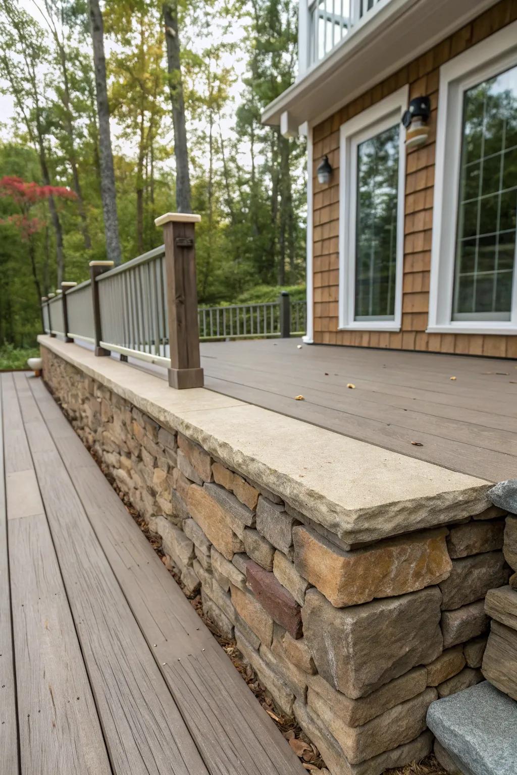 A sustainable deck featuring eco-conscious stone cladding, ideal for green living.