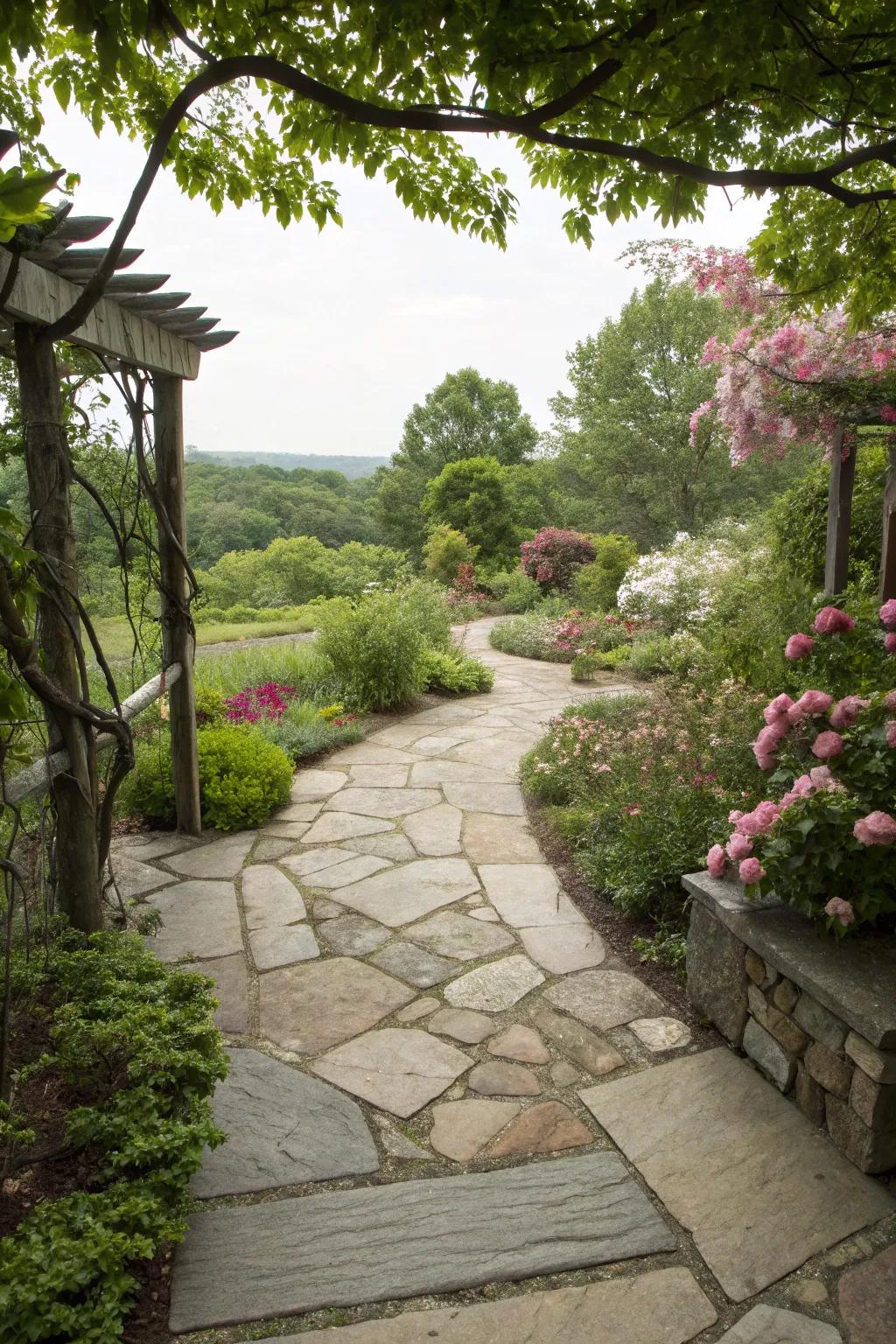 A stone patio linked to a garden through all-natural walkways.