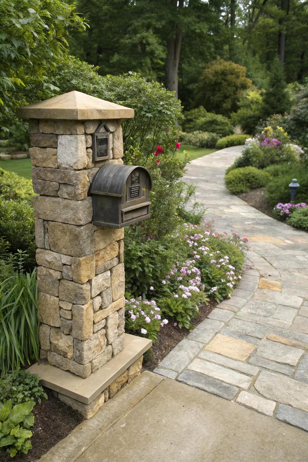 A stone mailbox pillar seamlessly integrating with landscape elements.