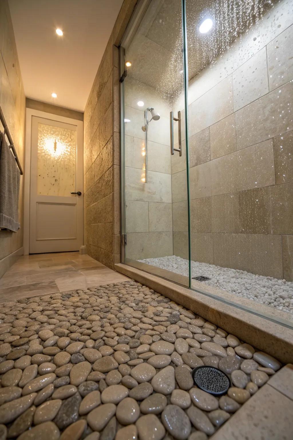 Textured rock flooring furnishes traction and tactile enticement.
