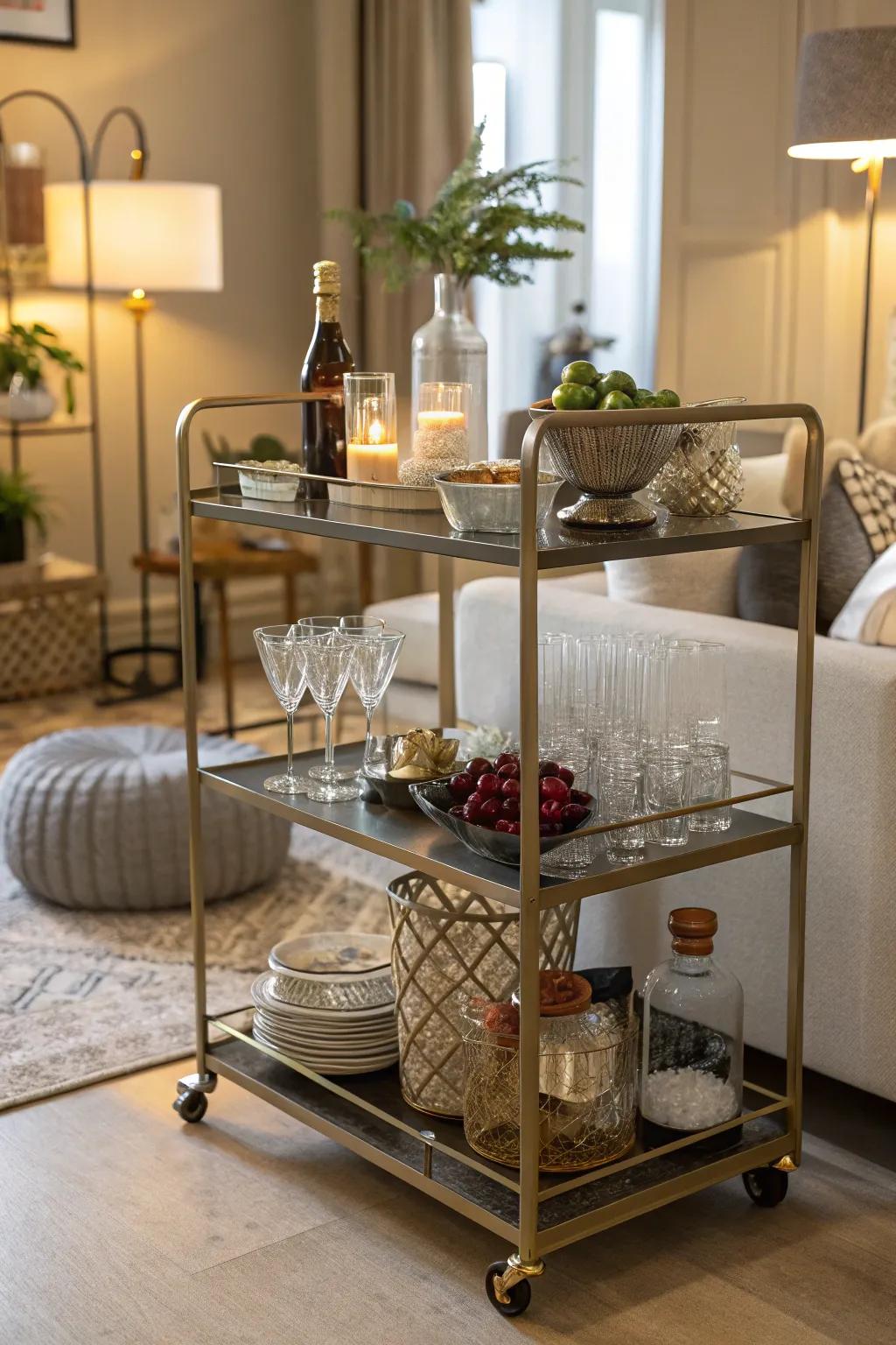 Chic trolleys serve in the dual capacity of storage and a serving station.