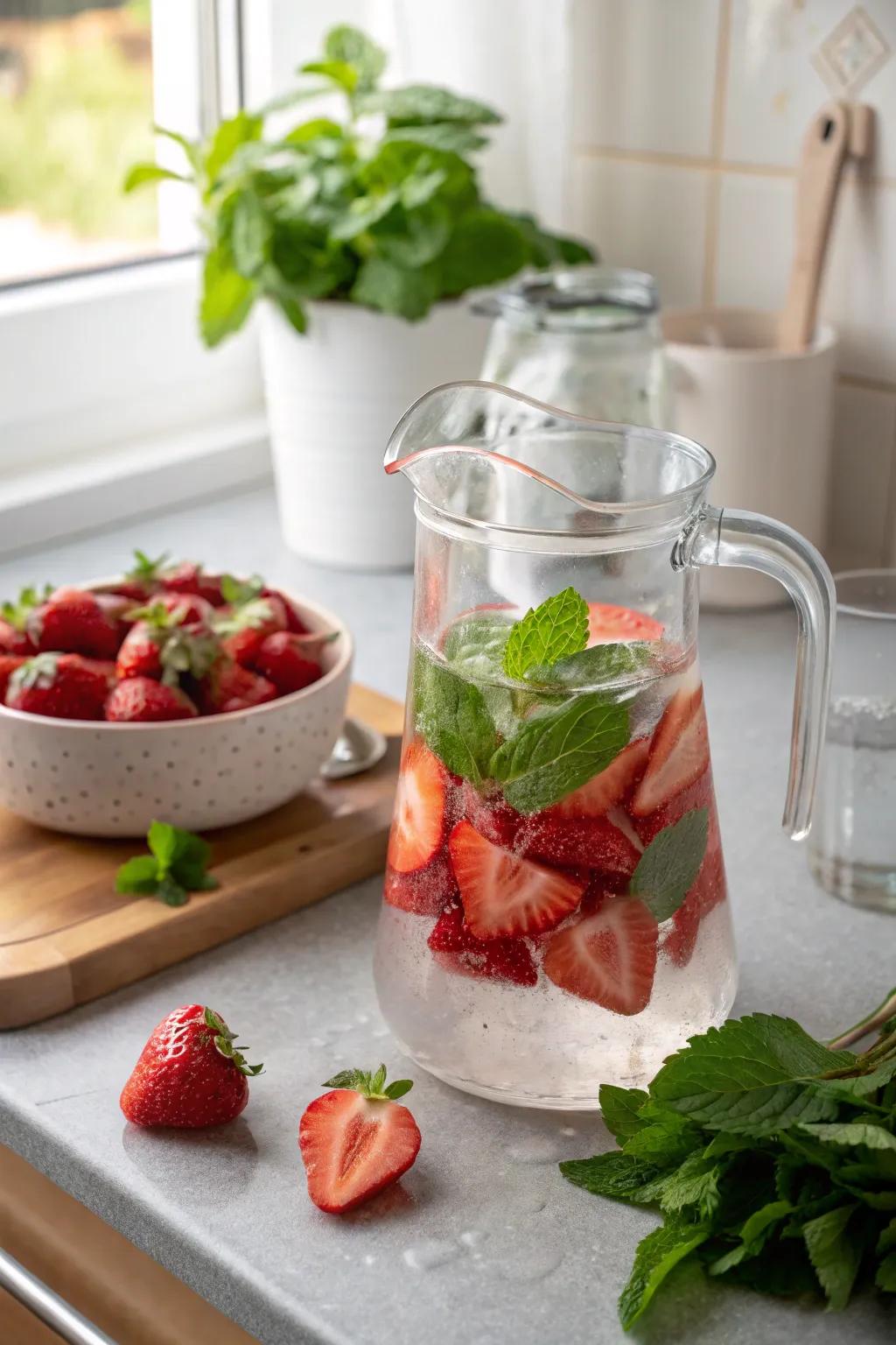 A revitalizing pitcher of berry-infused potable for a naturally sweetened beverage.
