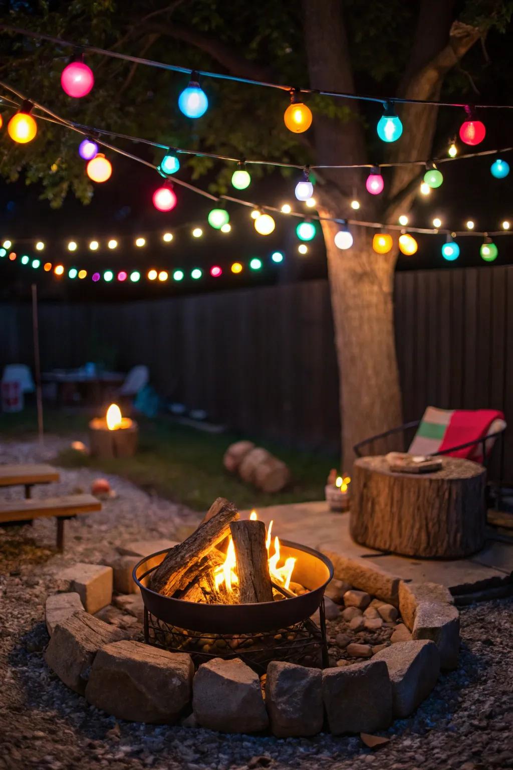 Colorful twinkle lights fashion a celebratory and vibrant atmosphere.