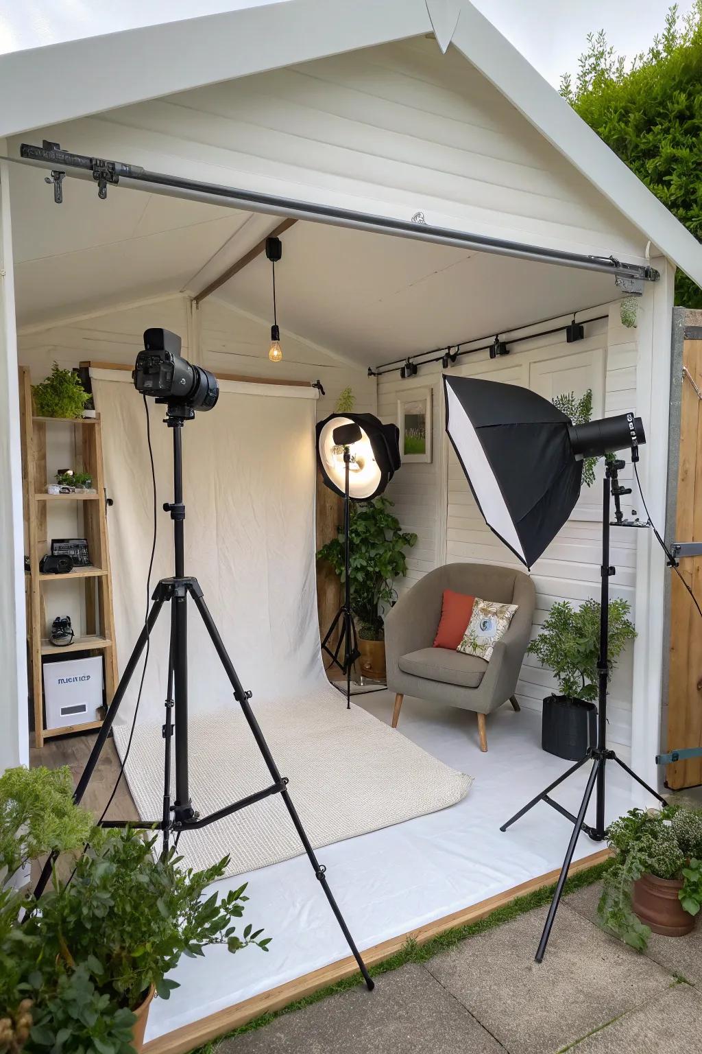 A versatile photography studio in a studio shed.