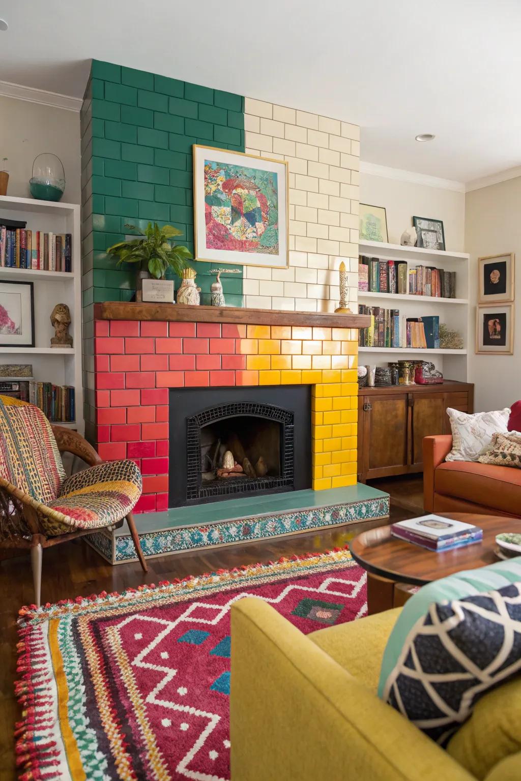 Striking color panels make this rectangular tile fireplace a standout feature.
