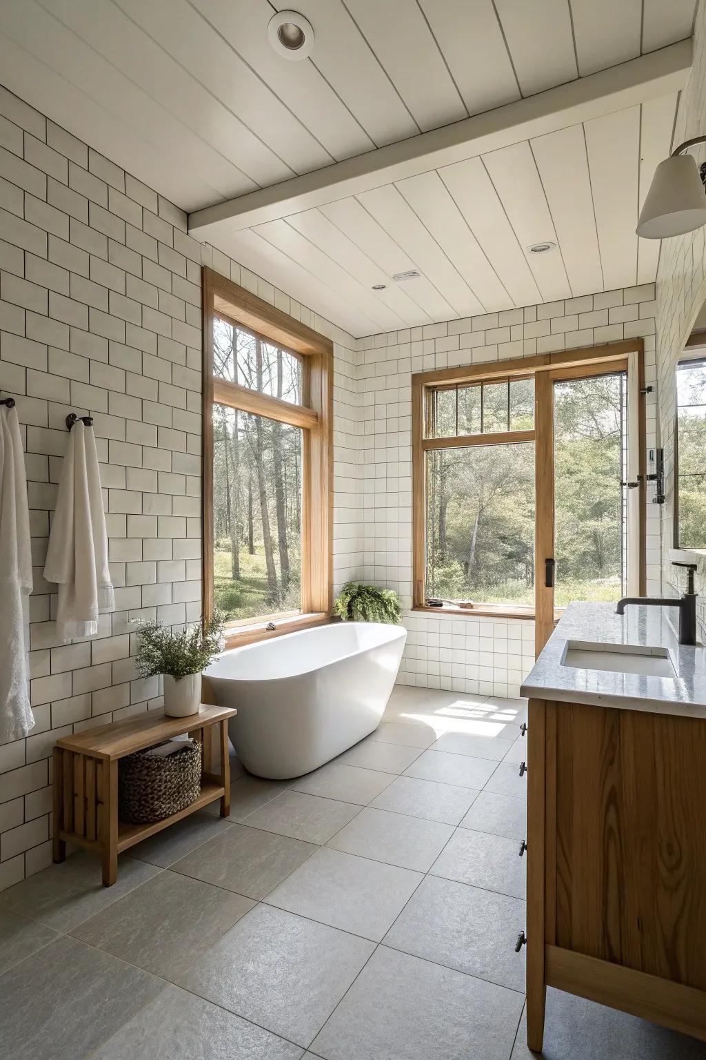 The spacious and minimalist design of the bathroom is enhanced by large format standard tiles.