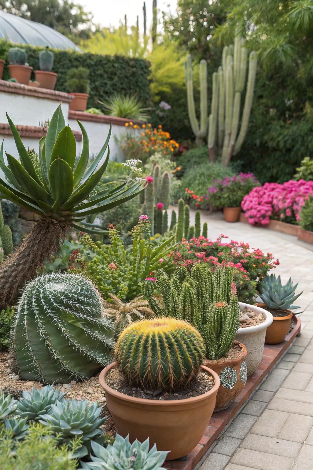 A dynamic garden showcasing the captivating partnership of cacti and succulents.