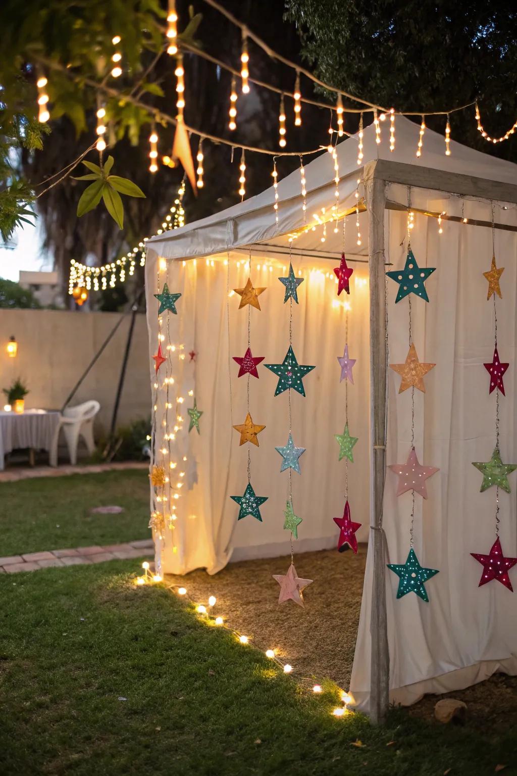 A whimsical sukkah featuring hanging star decorations that shimmer.