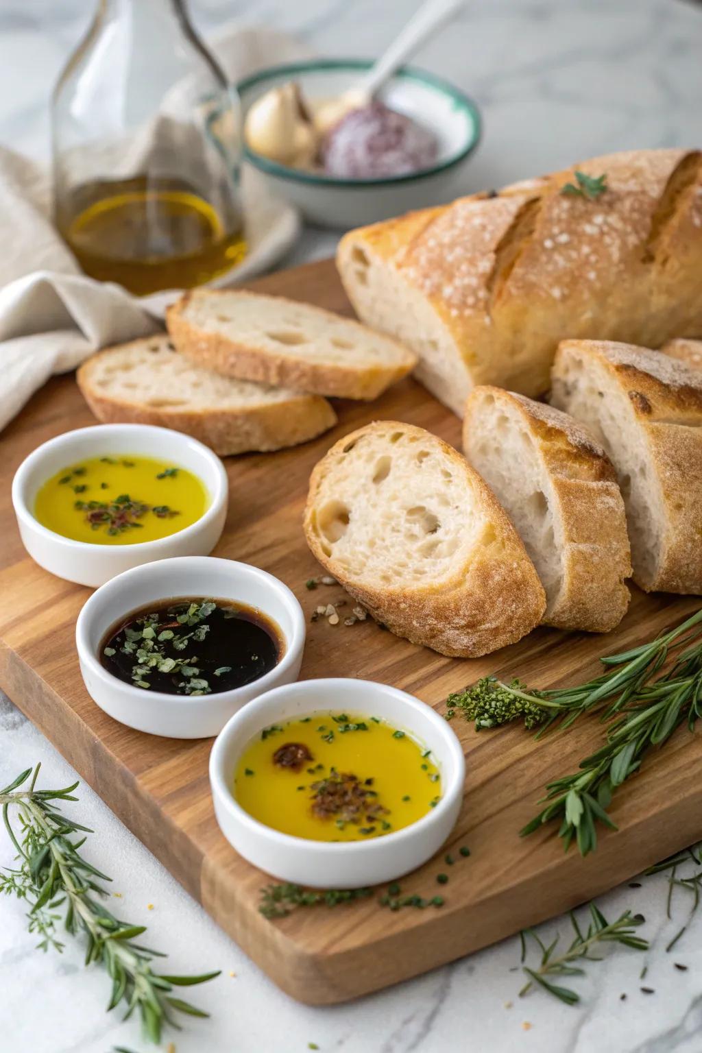Elegant starter dish of bread and oils.