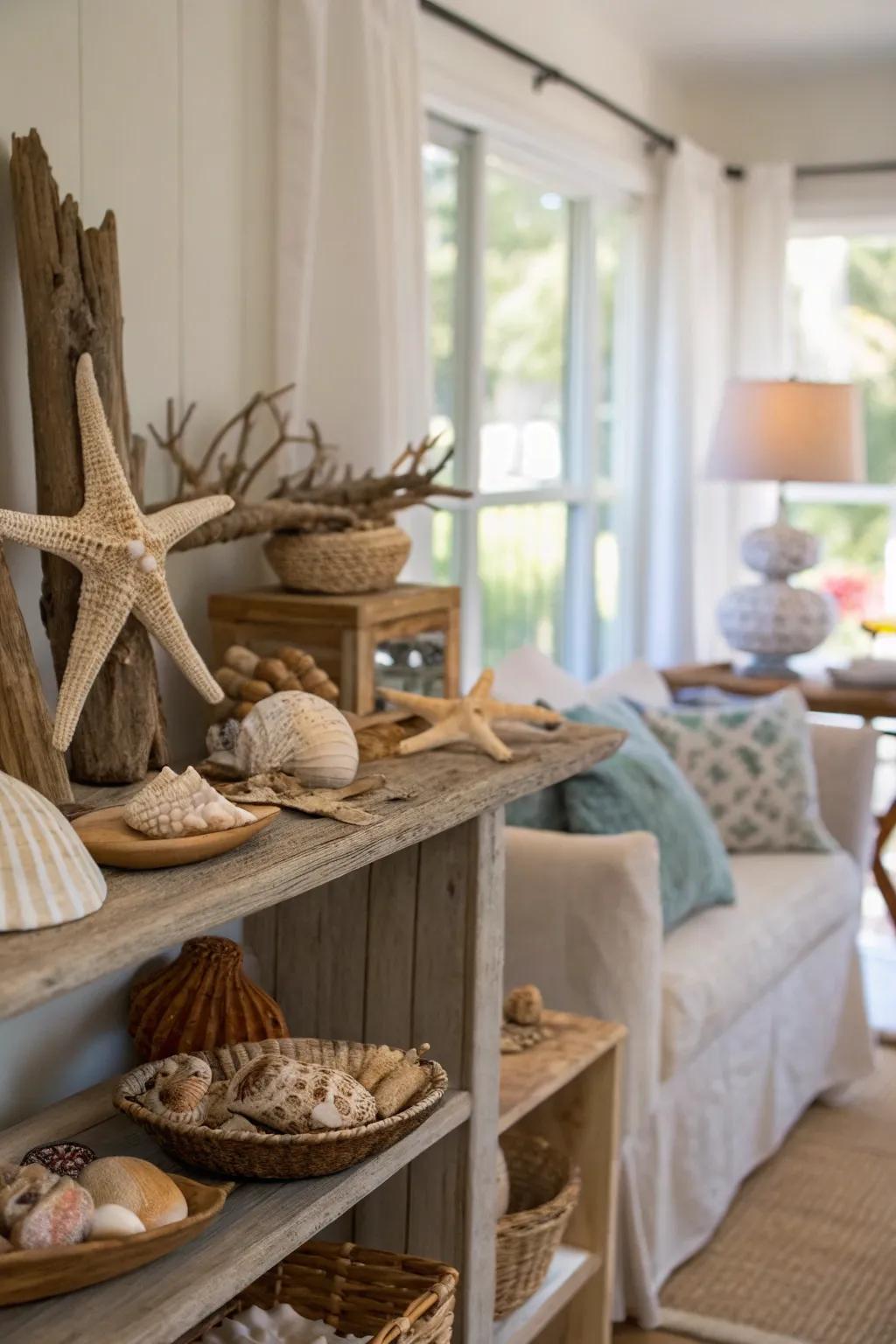 The personal character of the decor is enhanced by natural elements such as driftwood and seashells.