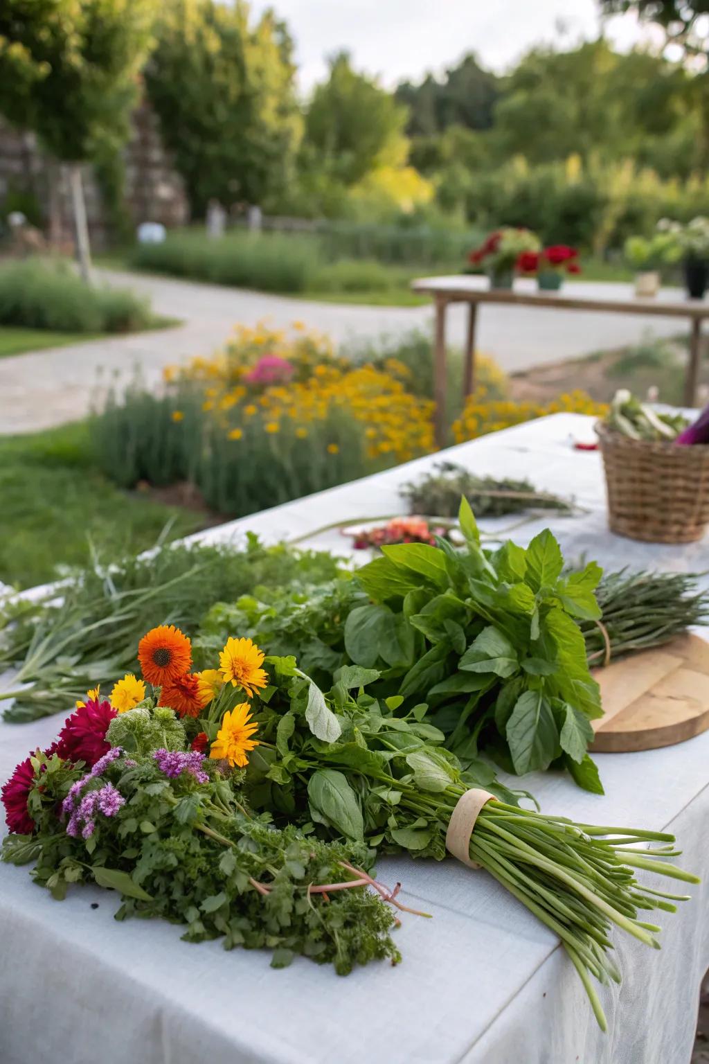 A table adorned with fresh herbs and garden flora.