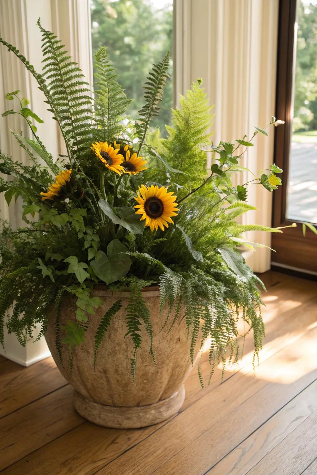 Convey nature indoors through sunflowers and fronds.