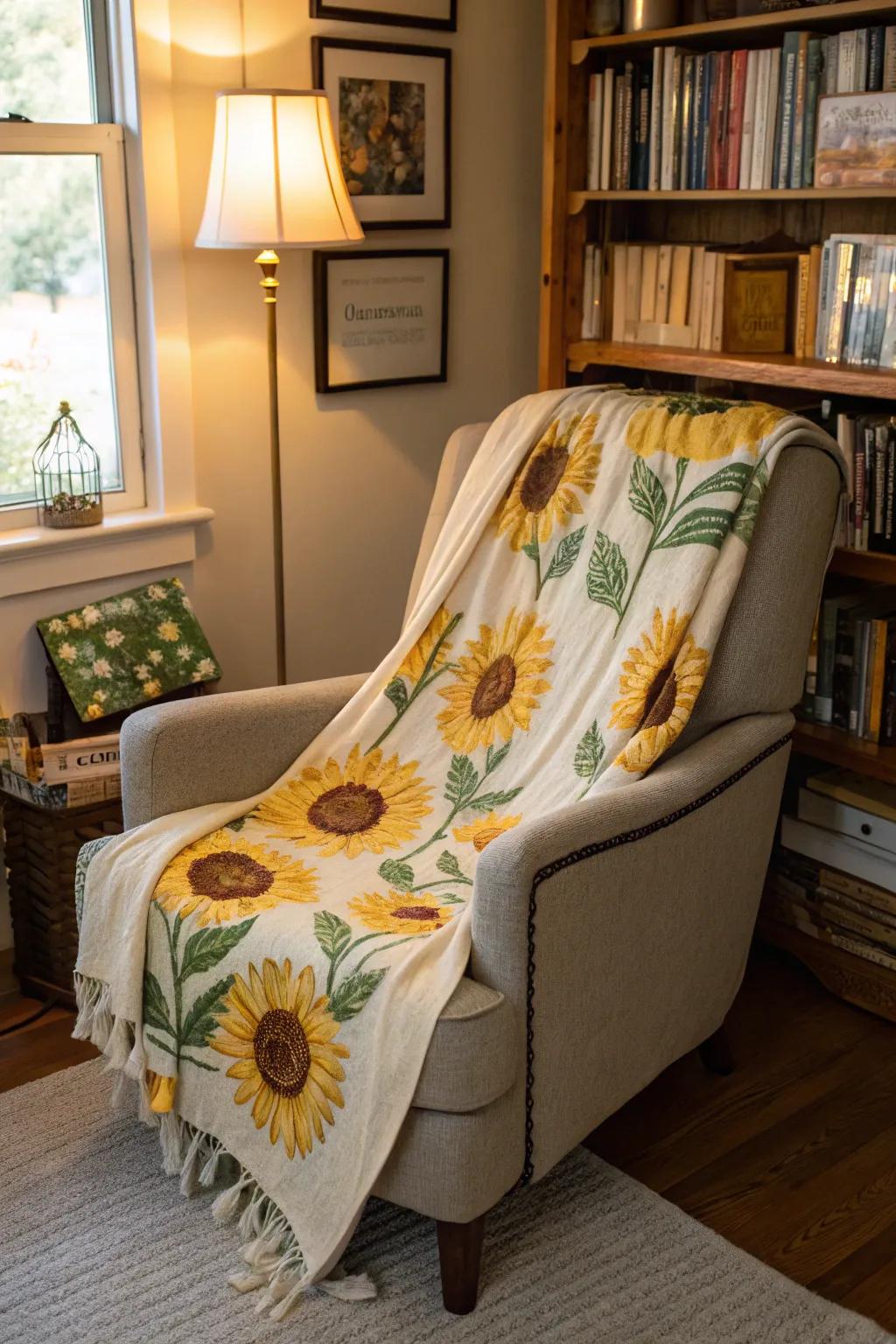 Warm and inviting sunflower-themed blanket.