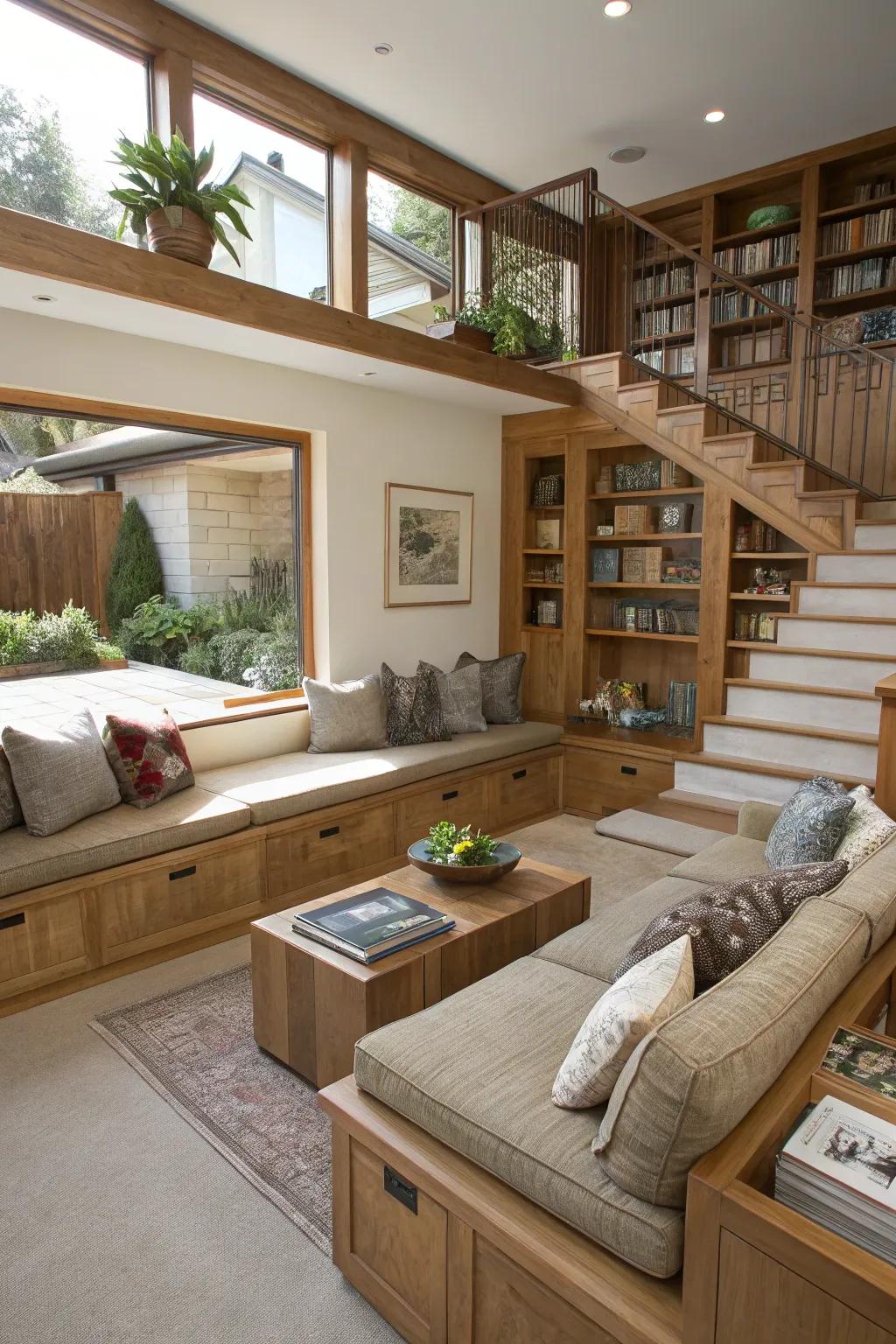 A recessed living room featuring pre-installed seating and storage.