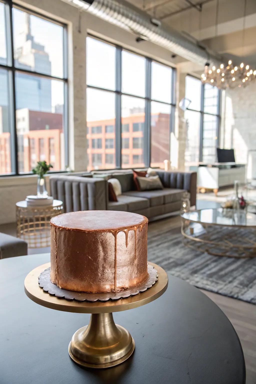 A metallic wonder cake that seizes consideration through its futuristic design.
