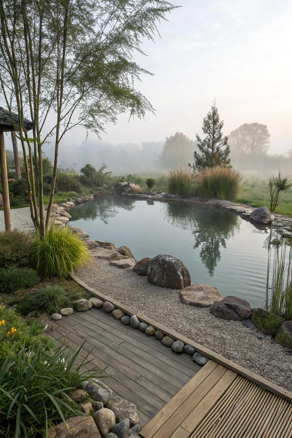 Zen garden elements offer tranquility and peace surrounding the pond.