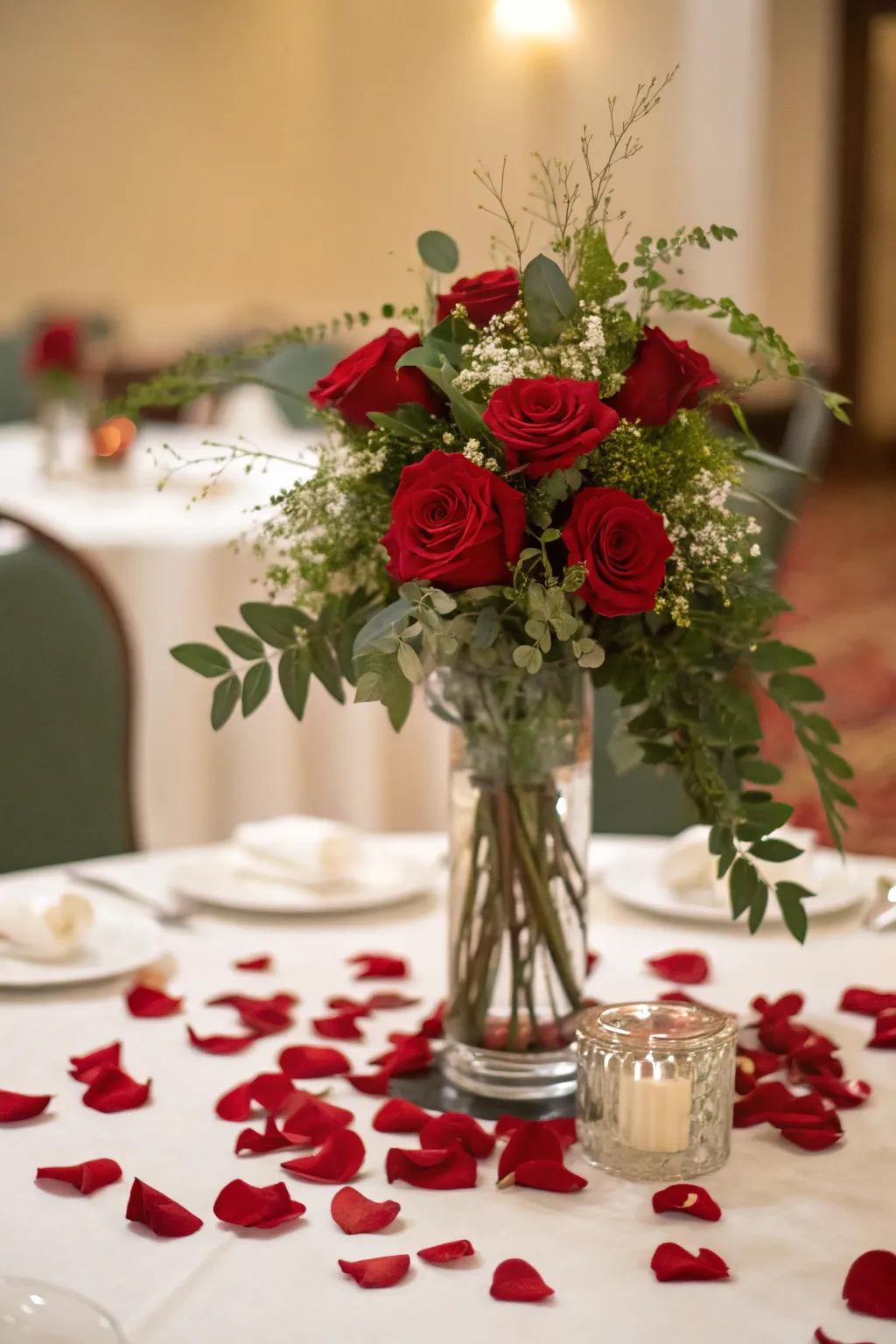 An affection-filled centerpiece featuring rose petals and floral arrangements.