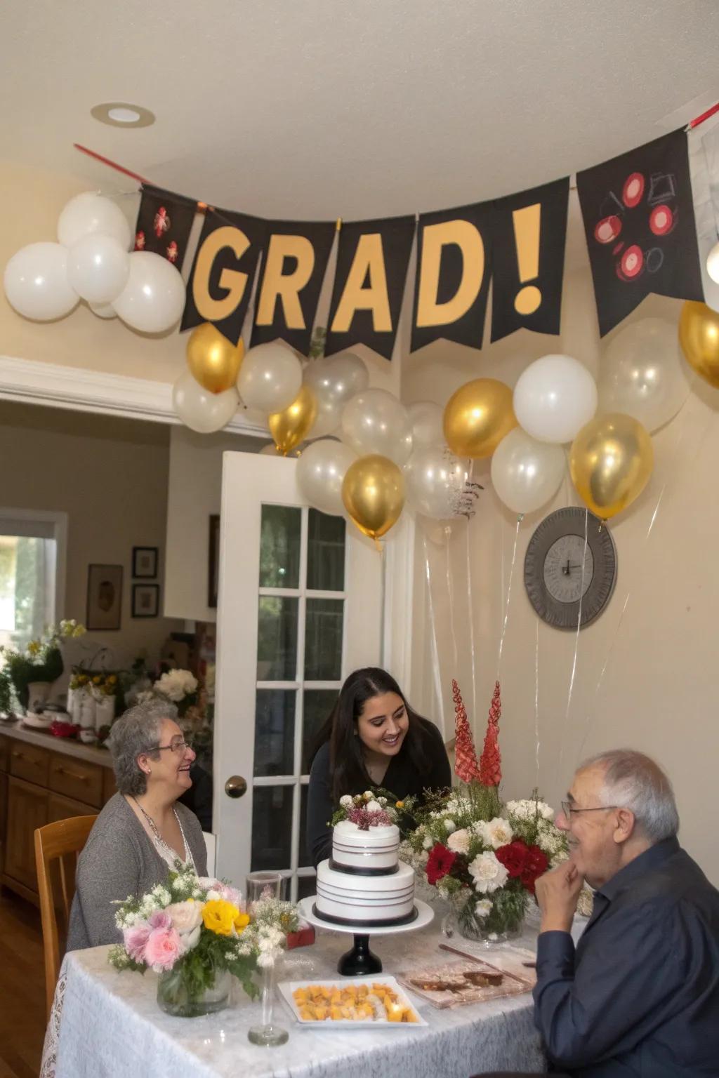 A custom celebration pennant distinctly personalizes the graduation event.