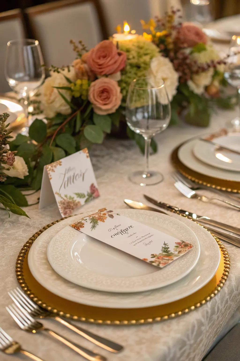 Personalized place cards contribute a thoughtful touch.