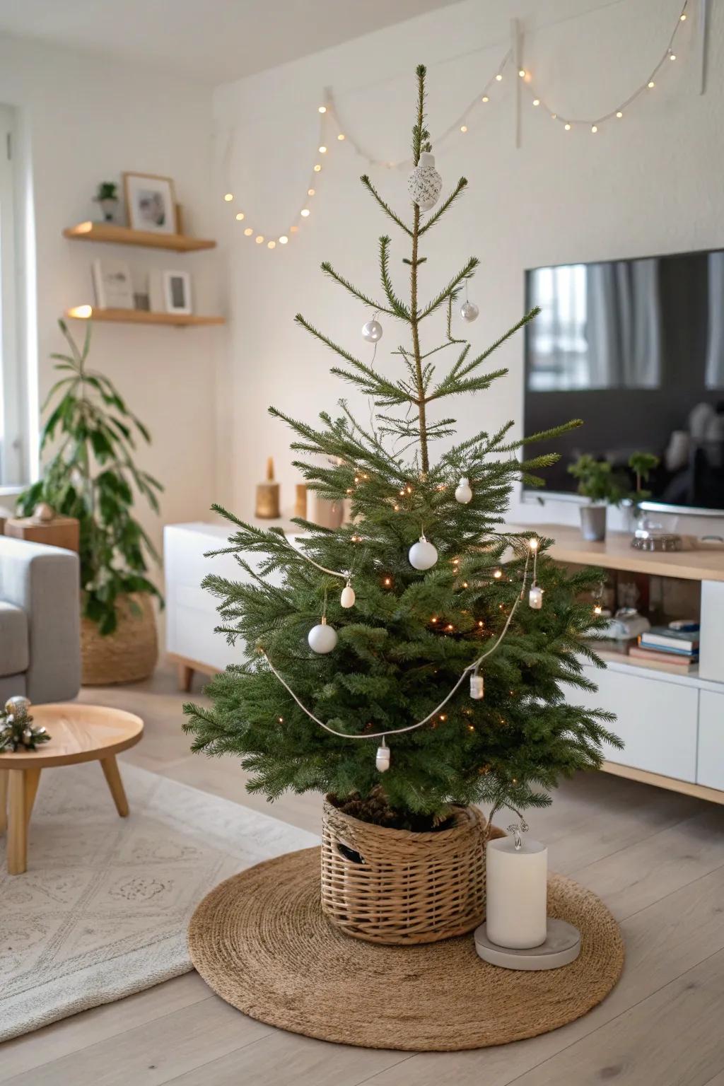A tranquil Scandinavian-themed Christmas tree for a table.