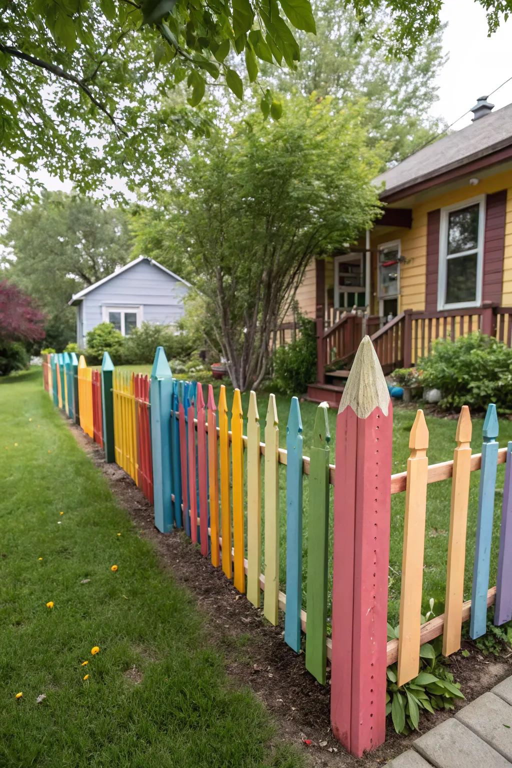 A playful fence painted to resemble a row of colored pencils.