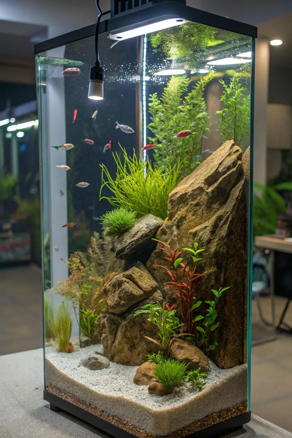 An elongated aquarium exquisitely conceived as a biotope.