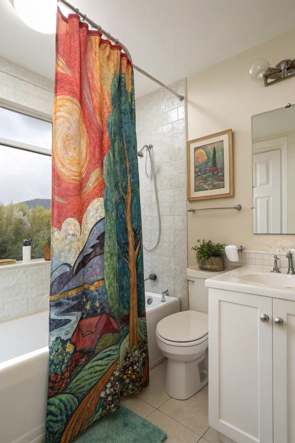 An artistic creation can metamorphose your shower curtain into a masterpiece.