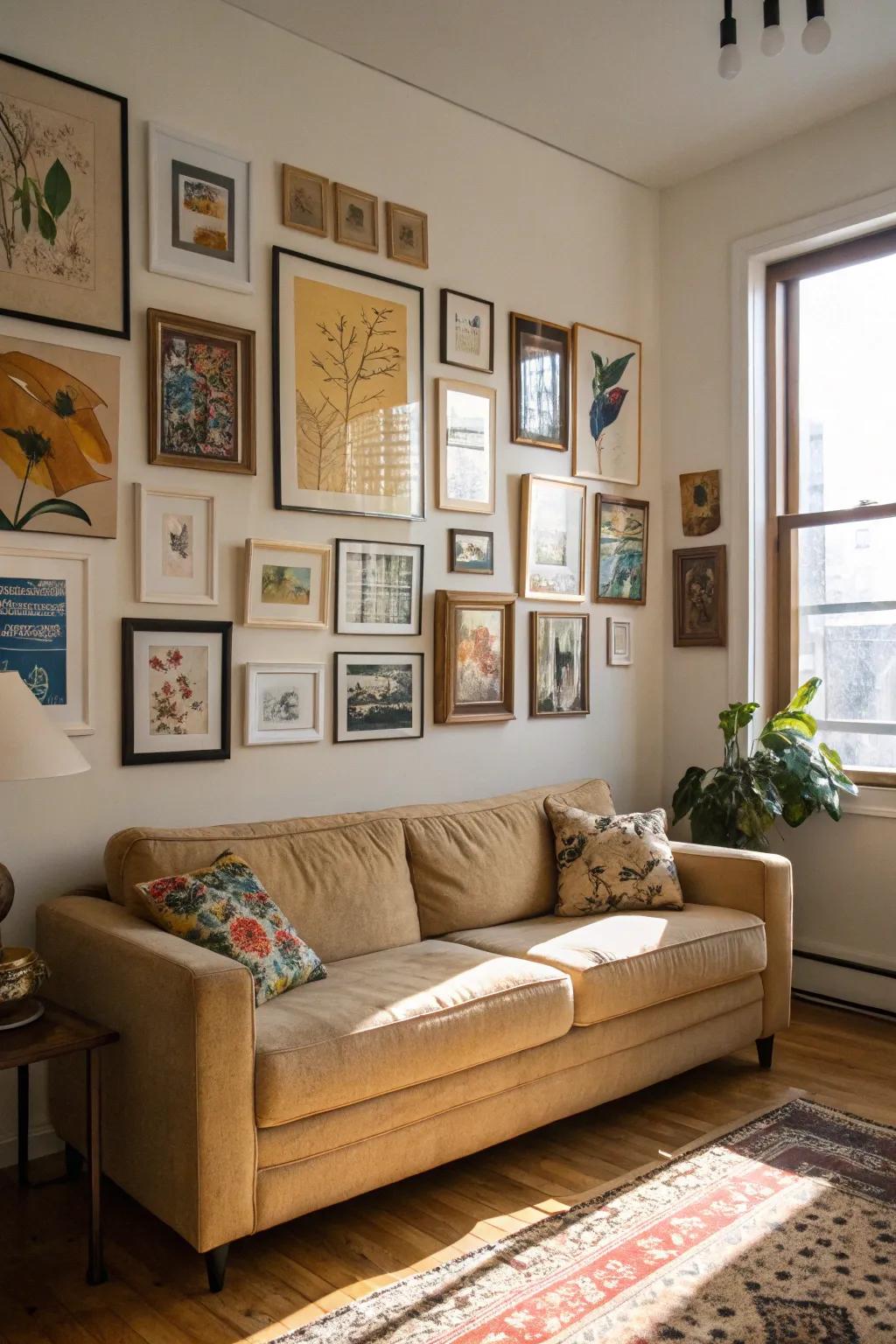 An art showcase customizes the area and accentuates the beige couch.