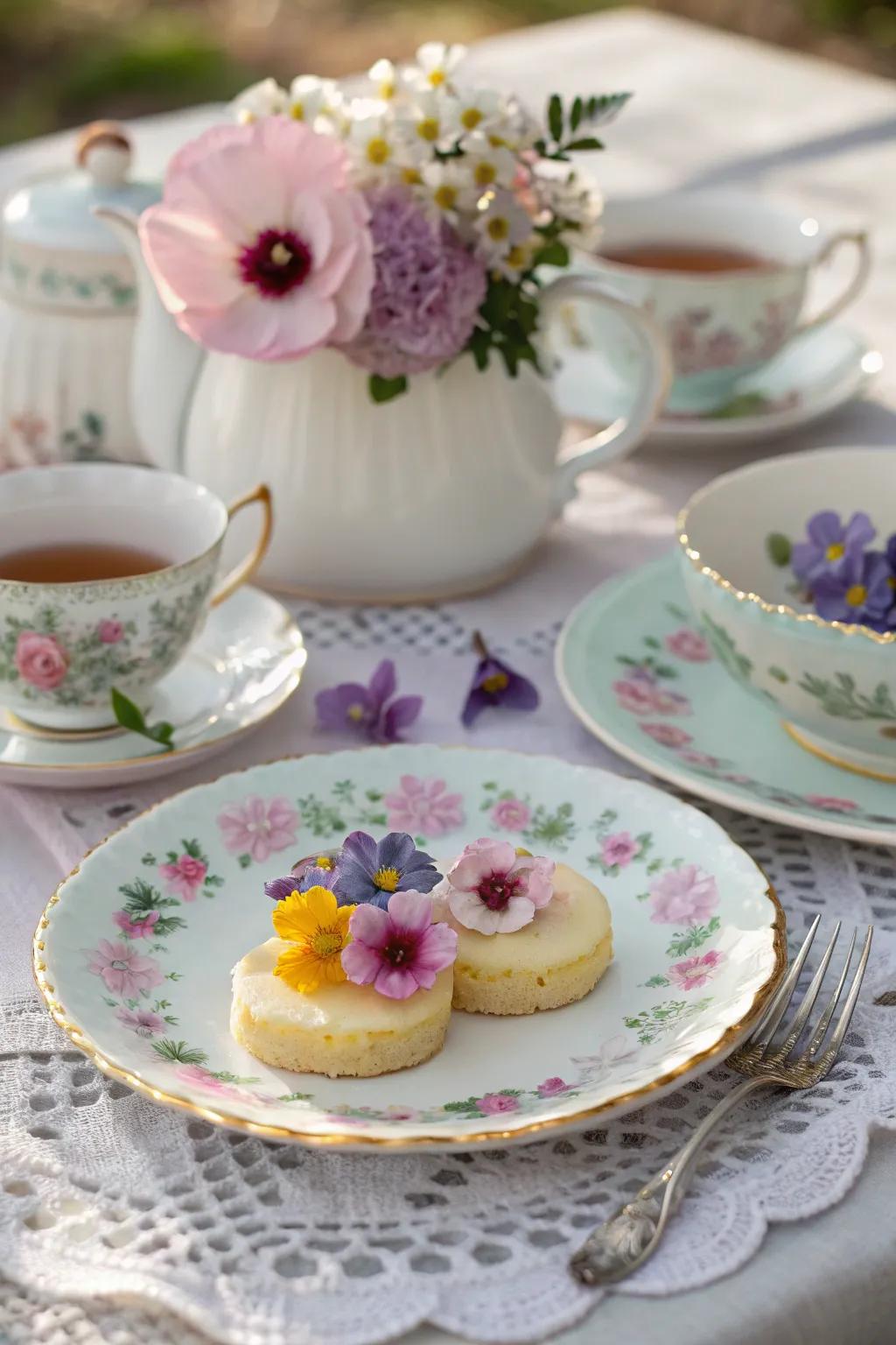 Edible flowers add color and flavor to the tea party dishes.