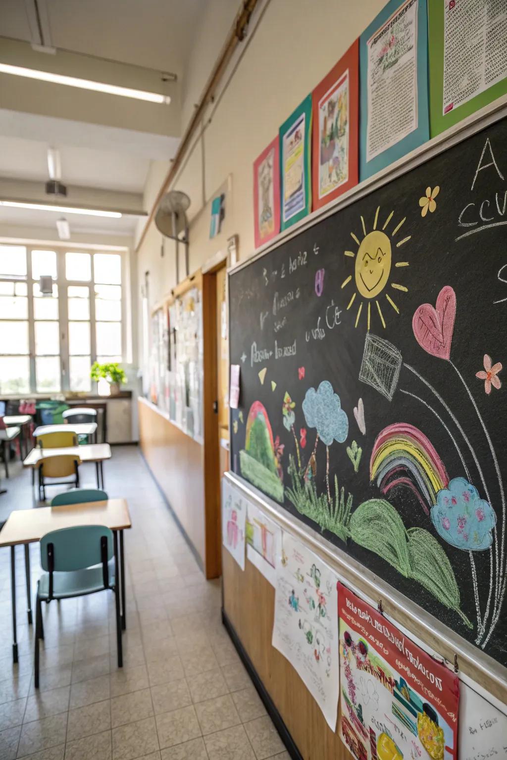 A chalkboard-themed board filled with colorful and heartfelt messages.