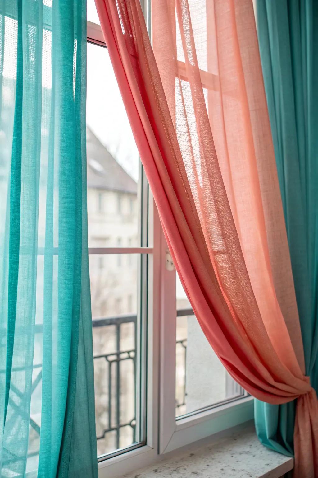 Layered teal and coral window coverings add dimension.