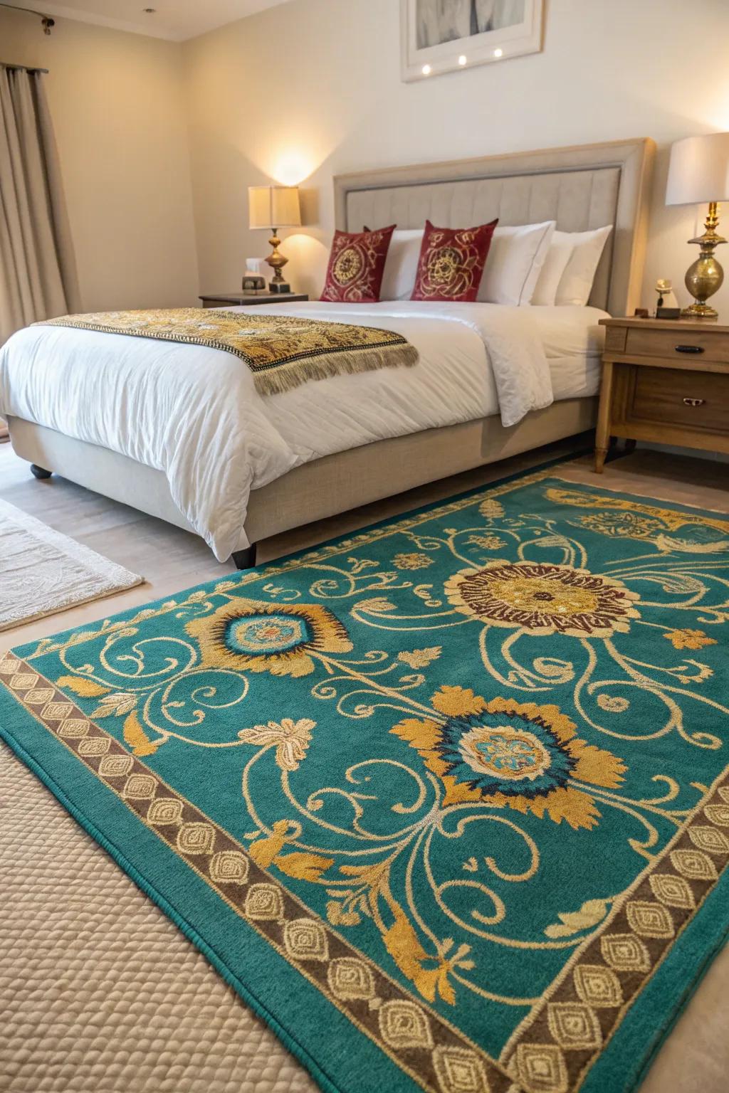 An azure and gilded rug unites the room's color scheme beautifully.