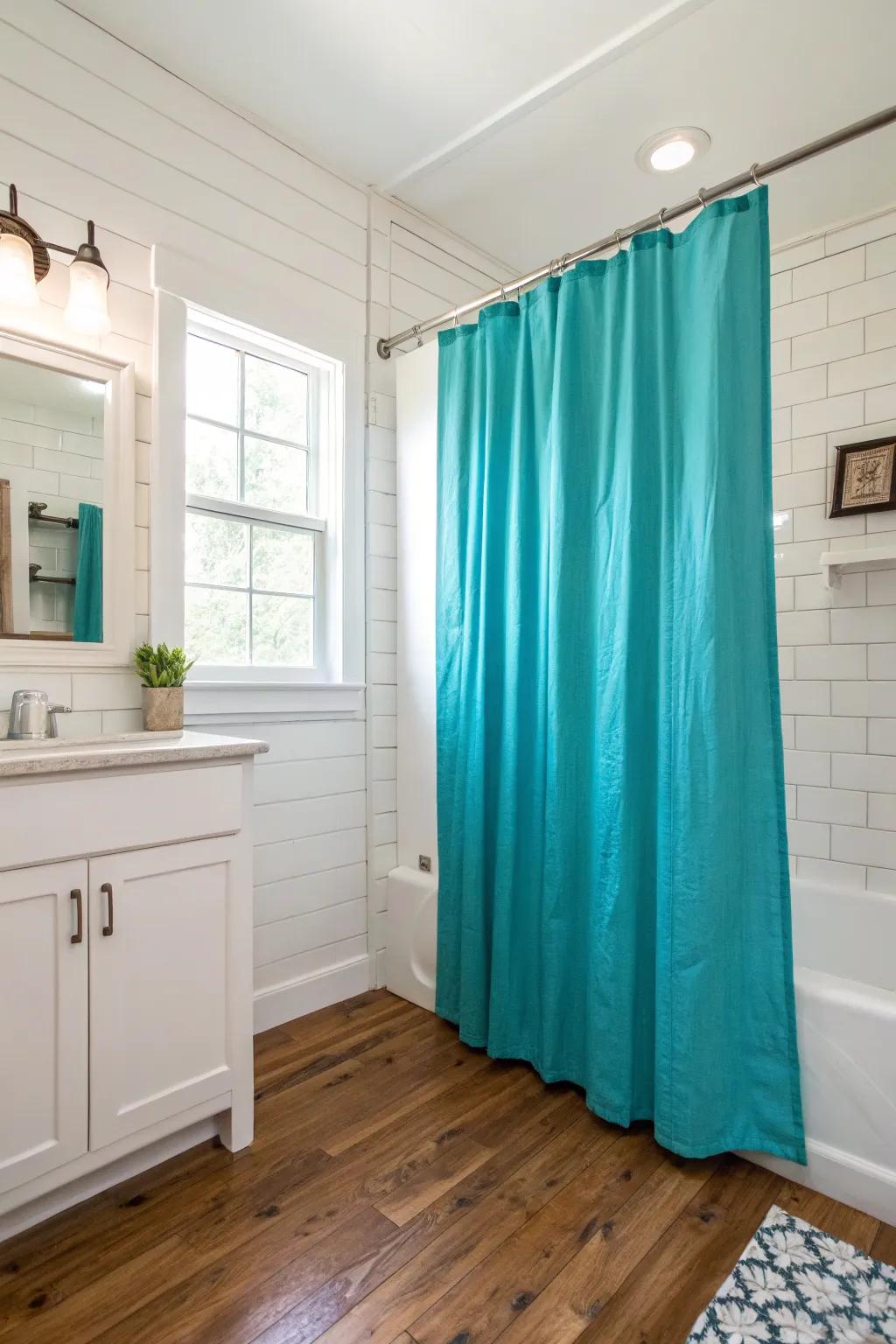 Lift your area with a dramatic aquatic green shower drape.